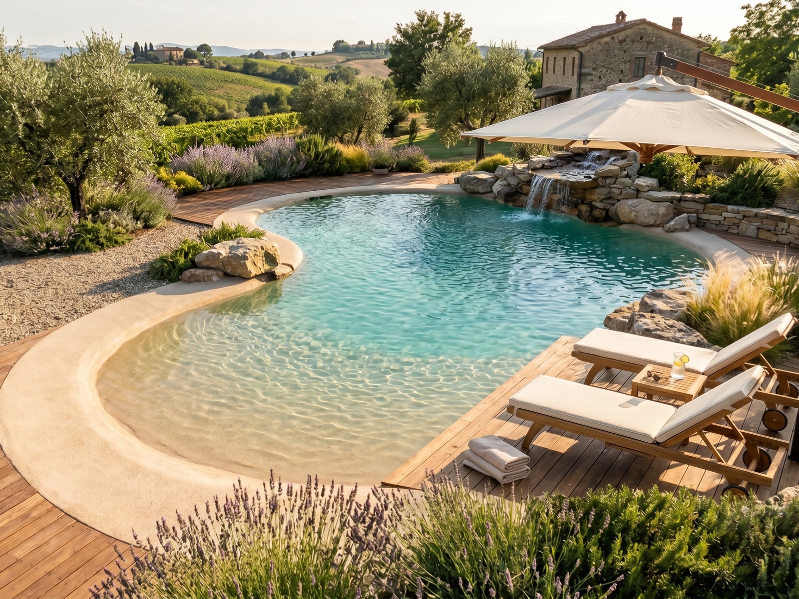Bio-piscina in pietra naturale con zona relax